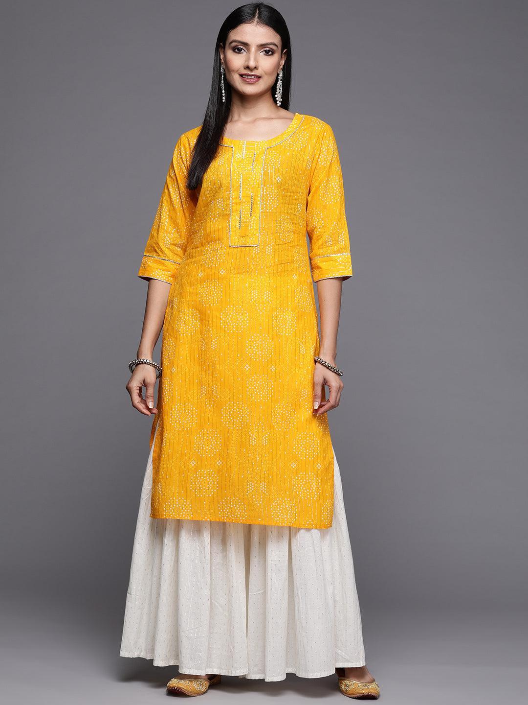 Yellow Printed Cotton Straight Kurta - Libas