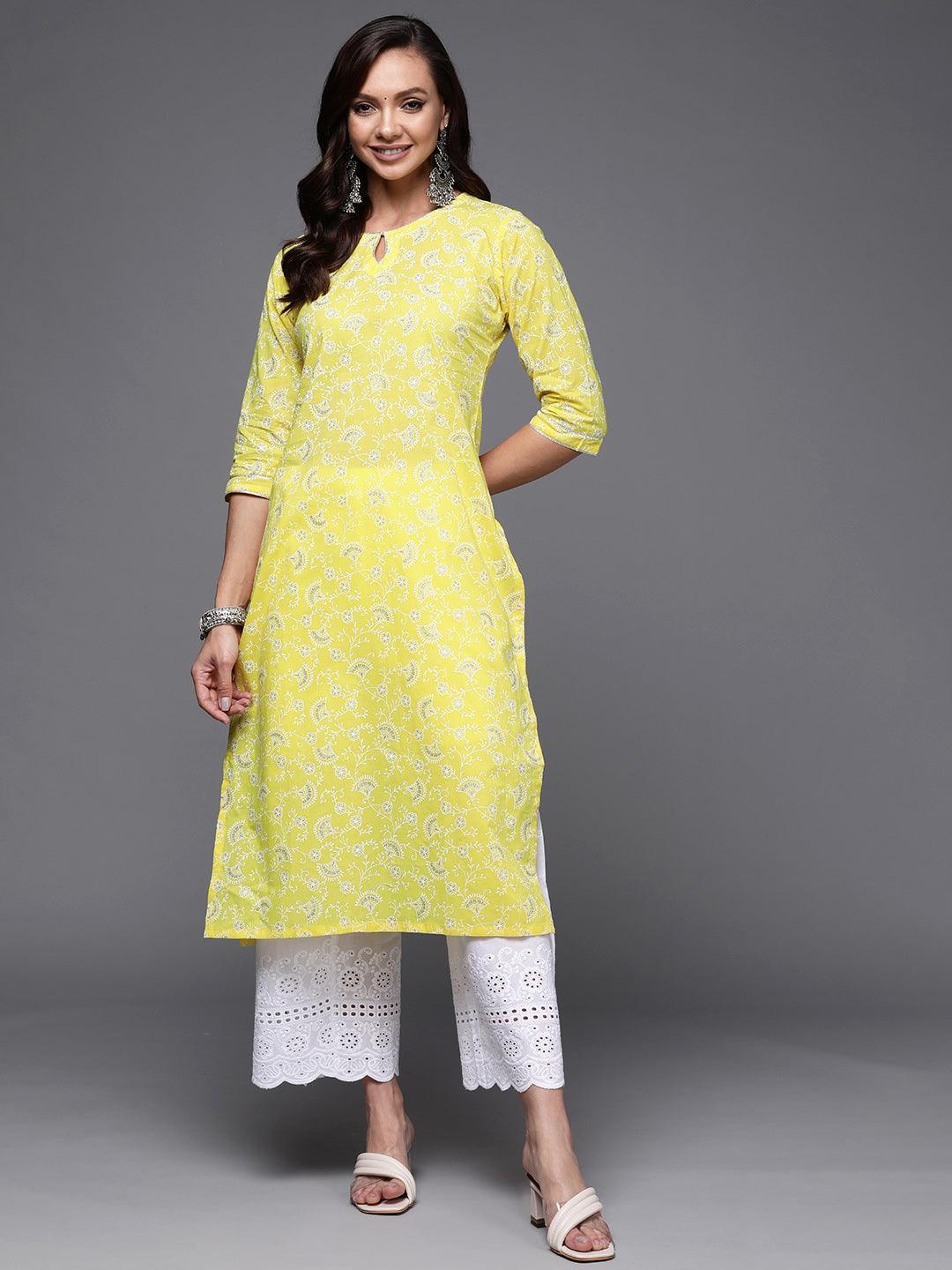 Yellow Printed Cotton Straight Kurta - ShopLibas