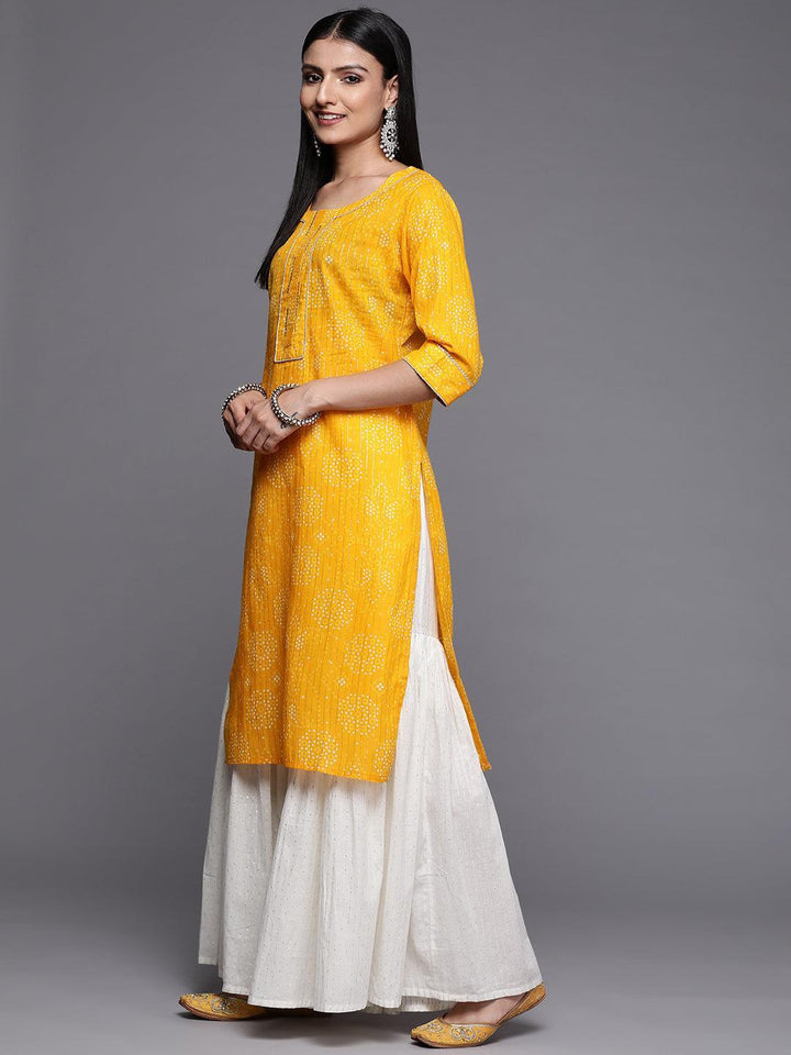 Yellow Printed Cotton Straight Kurta - Libas