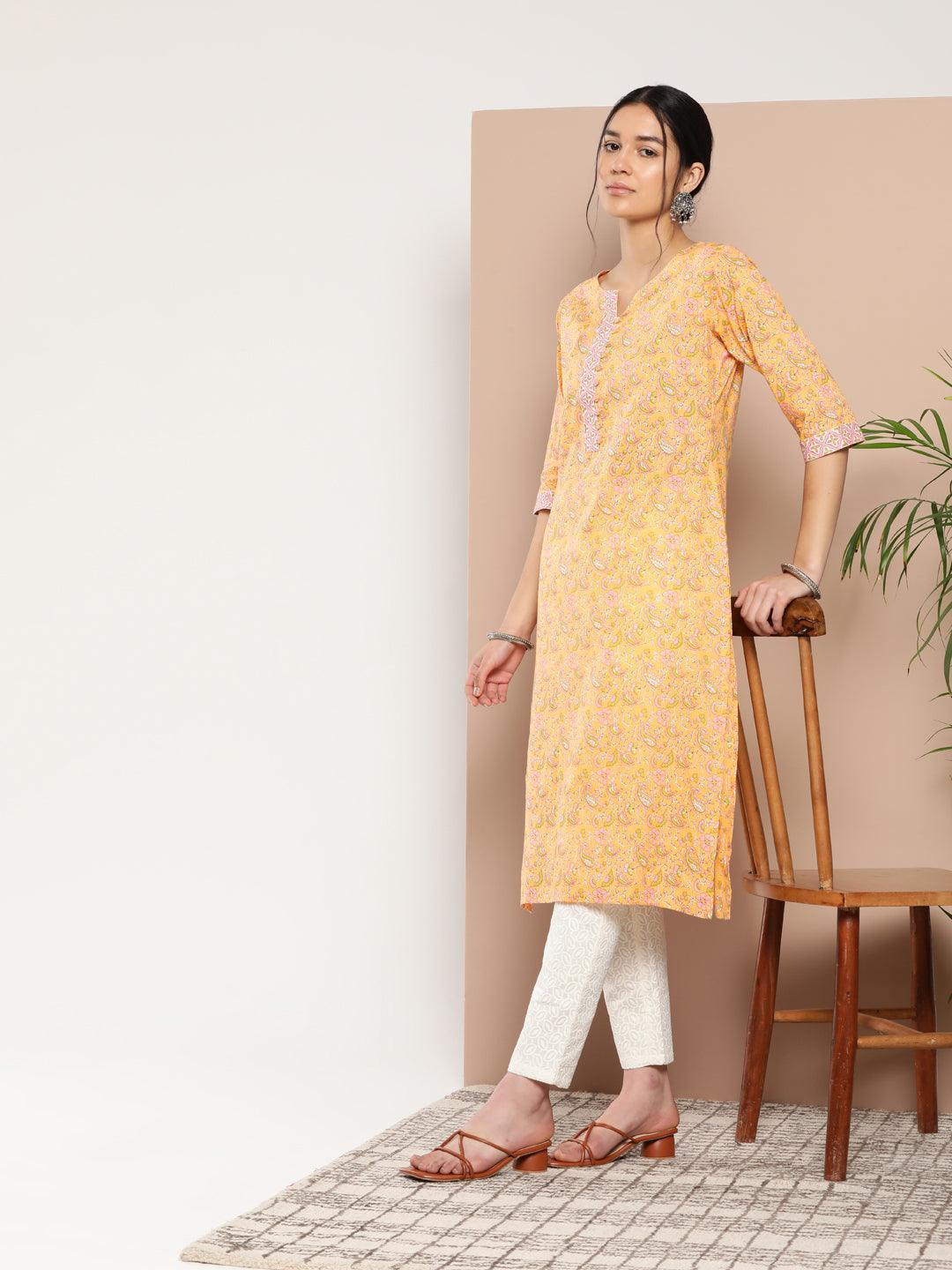 Yellow Printed Cotton Straight Kurta - ShopLibas 
