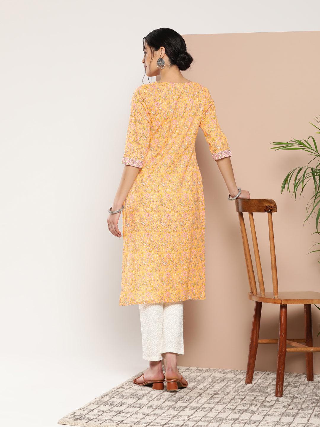 Yellow Printed Cotton Straight Kurta - ShopLibas 