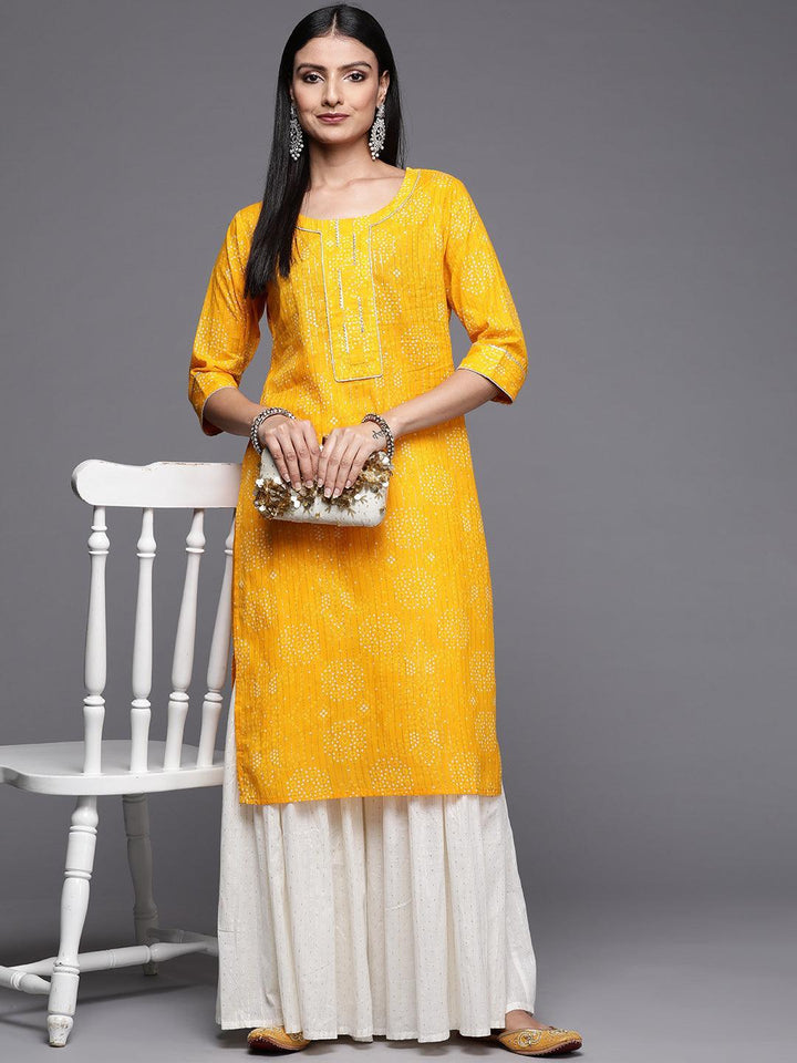 Yellow Printed Cotton Straight Kurta - Libas