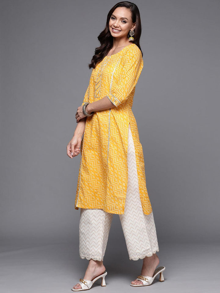 Yellow Printed Cotton Straight Kurta - ShopLibas