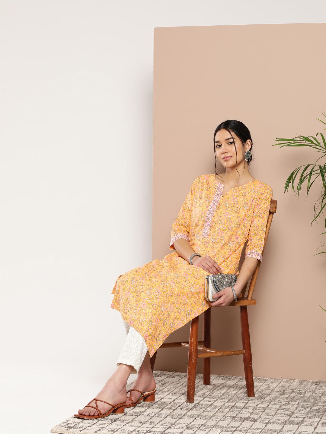 Yellow Printed Cotton Straight Kurta - ShopLibas 