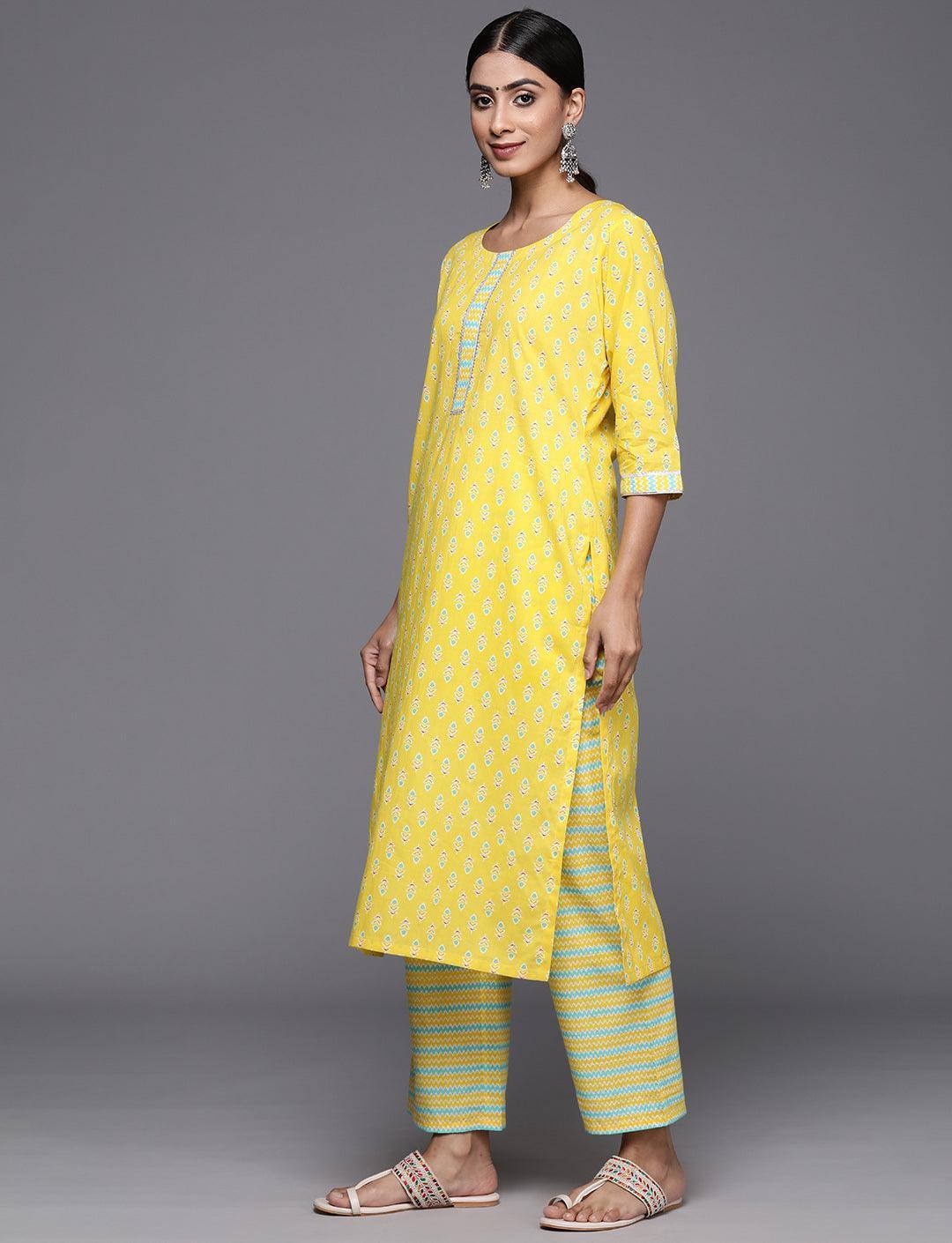 Yellow Printed Cotton Straight Kurta With Trousers & Dupatta - Libas 