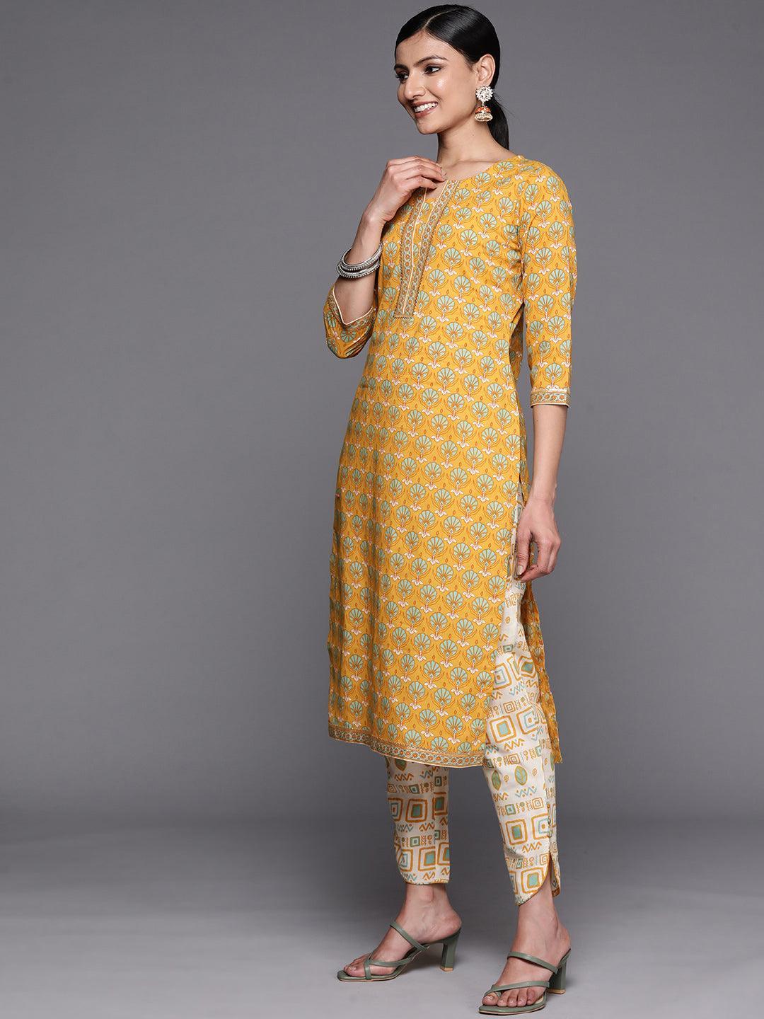 Yellow Printed Cotton Straight Kurta Set With Trousers - ShopLibas 