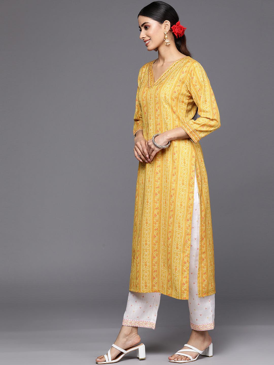 Yellow Printed Cotton Straight Kurta Set With Trousers - ShopLibas 