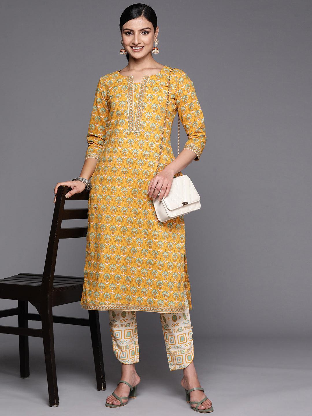 Yellow Printed Cotton Straight Kurta Set With Trousers