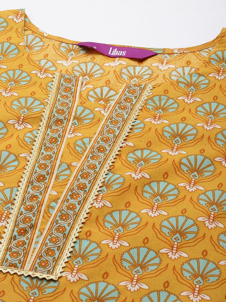 Yellow Printed Cotton Straight Kurta Set With Trousers
