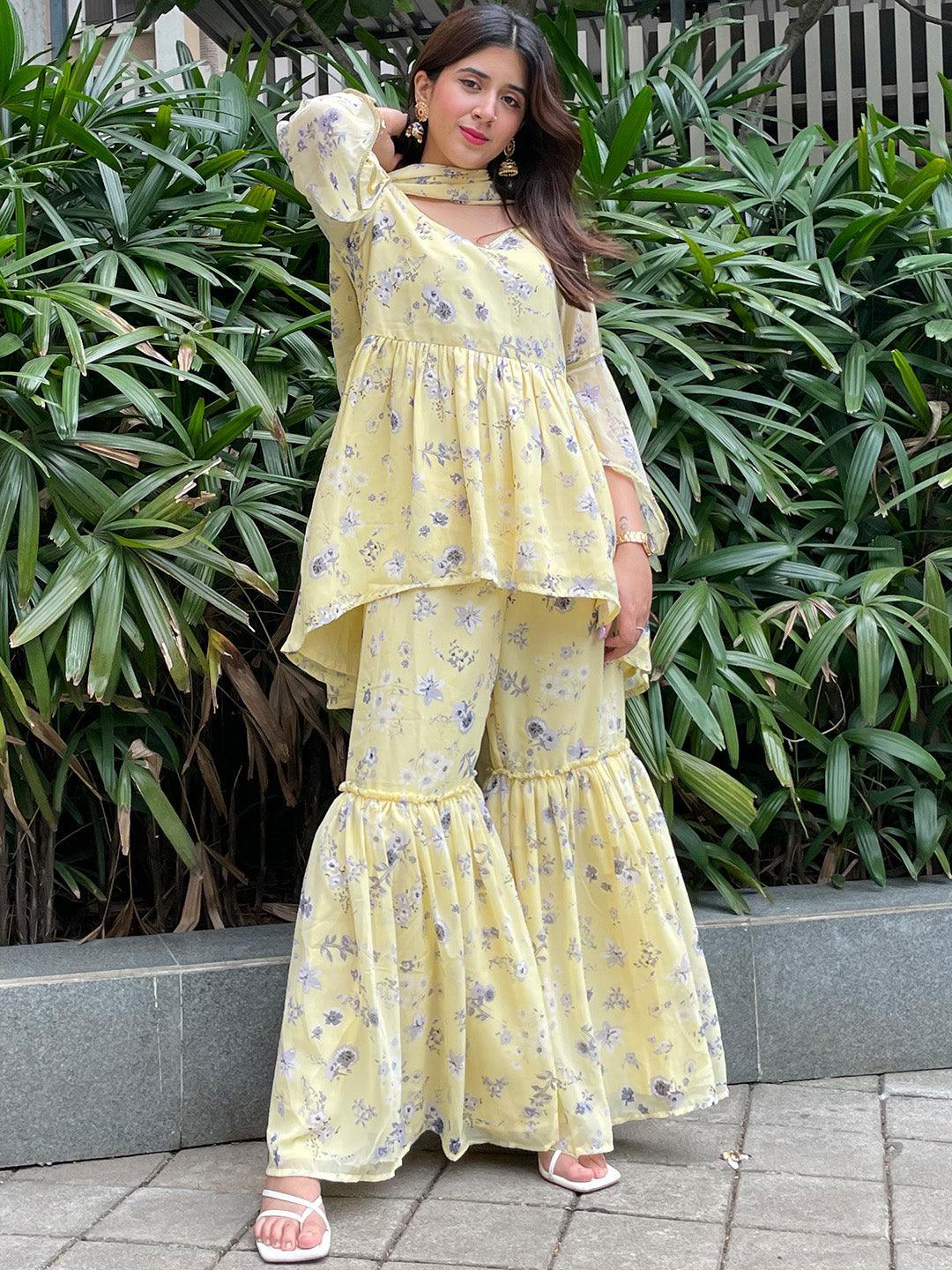 Yellow Printed Georgette A-Line Suit Set - ShopLibas