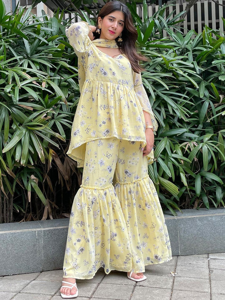 Yellow Printed Georgette A-Line Suit Set - ShopLibas