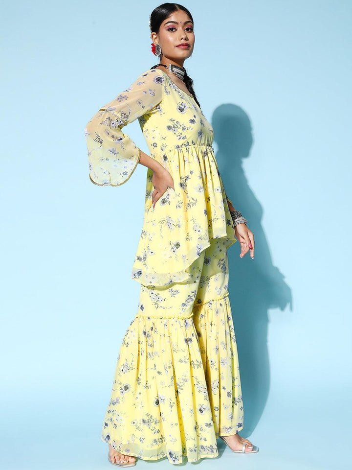 Yellow Printed Georgette A-Line Suit Set - ShopLibas