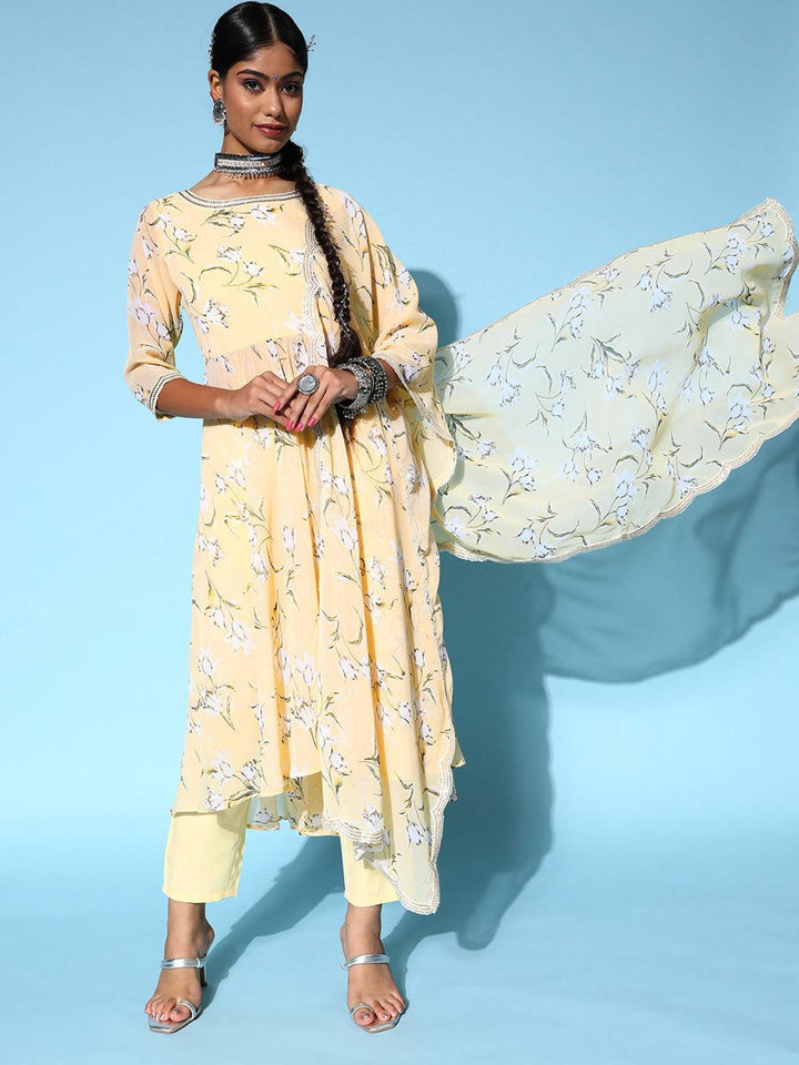 Yellow Printed Georgette Anarkali Suit Set - ShopLibas