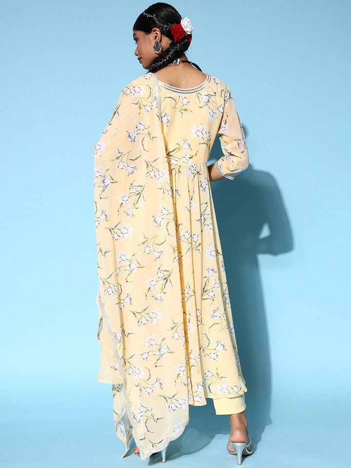 Yellow Printed Georgette Anarkali Suit Set - ShopLibas