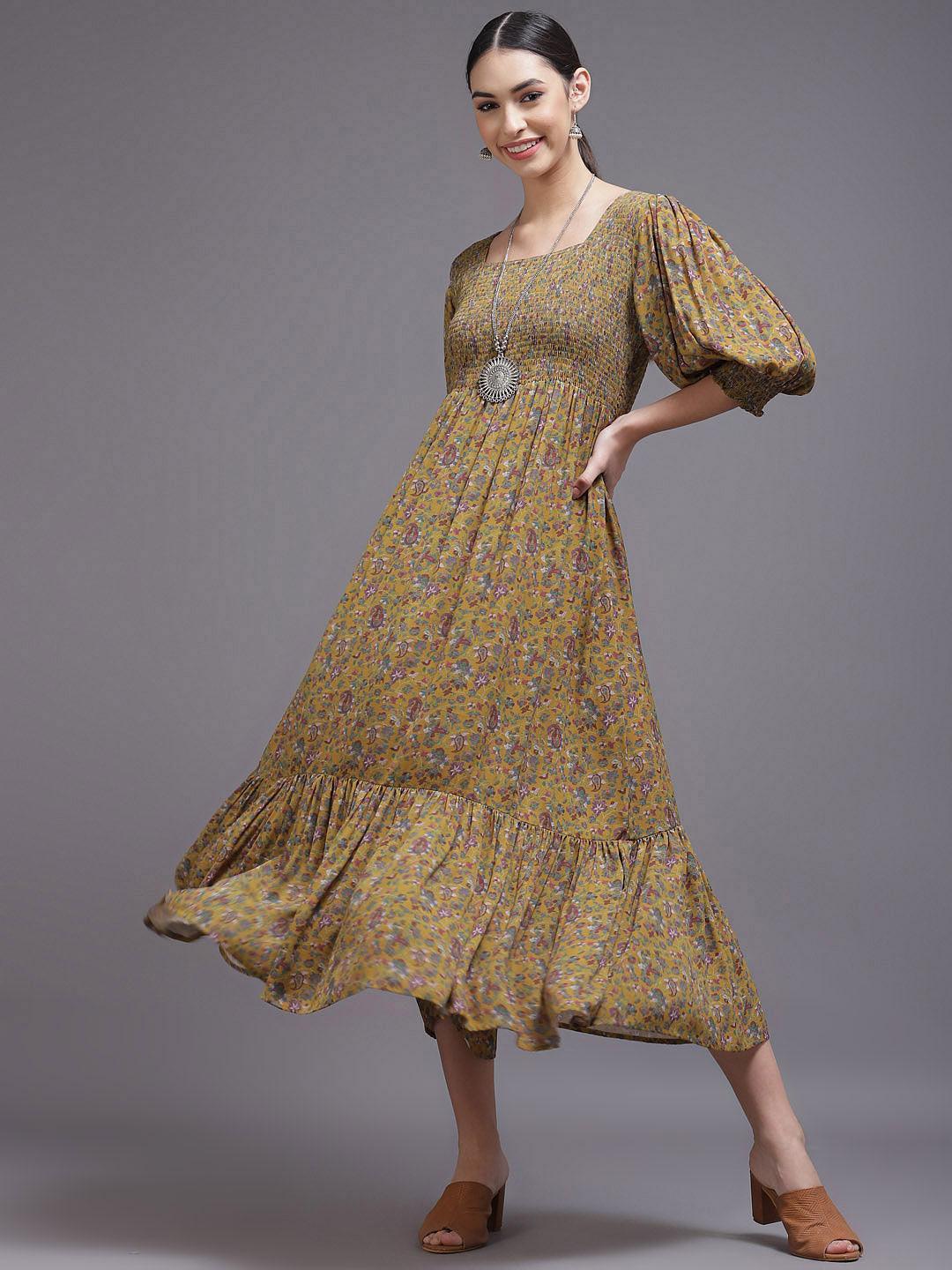 Yellow Printed Georgette Dress - ShopLibas