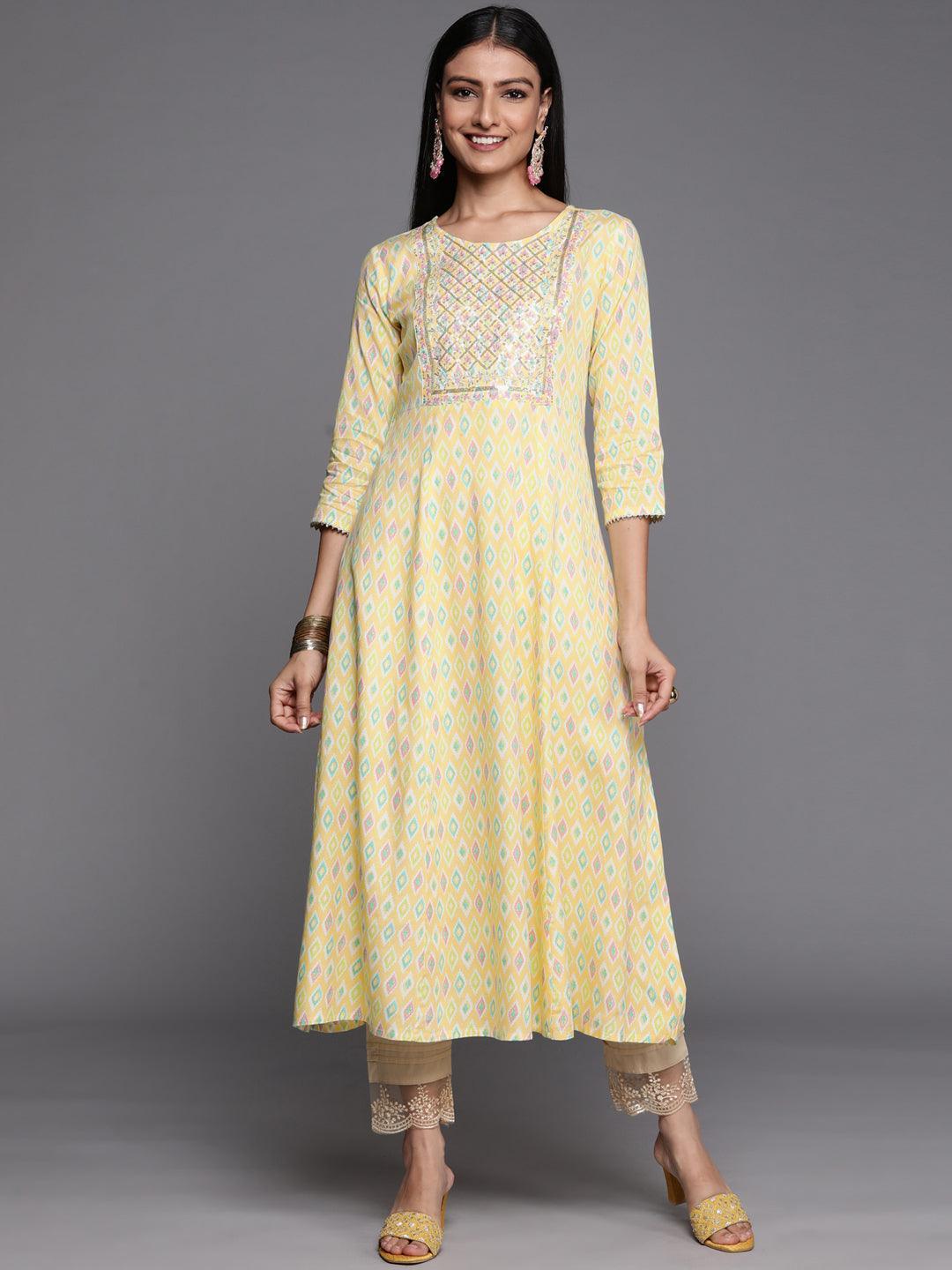 Yellow Printed Rayon A-Line Kurta - ShopLibas