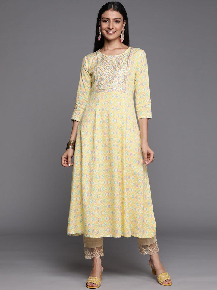 Yellow Printed Rayon A-Line Kurta - ShopLibas