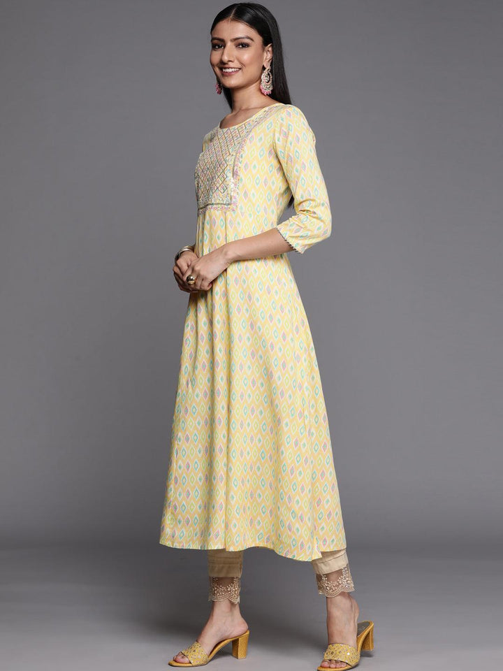 Yellow Printed Rayon A-Line Kurta - ShopLibas