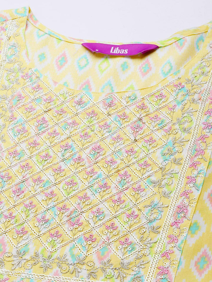 Yellow Printed Rayon A-Line Kurta - ShopLibas
