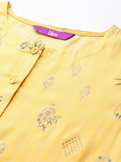 Yellow Printed Silk A-Line Kurta - Libas