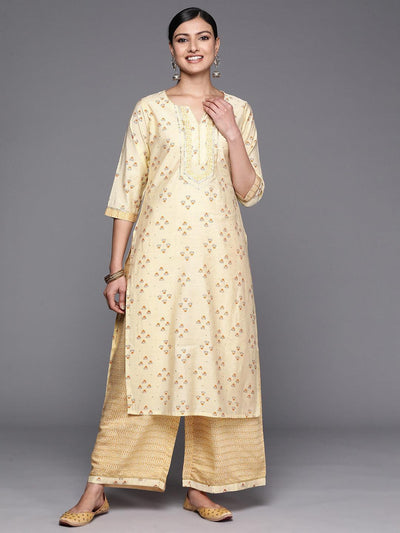 Yellow Printed Silk Blend Straight Kurta Set With Palazzos - ShopLibas