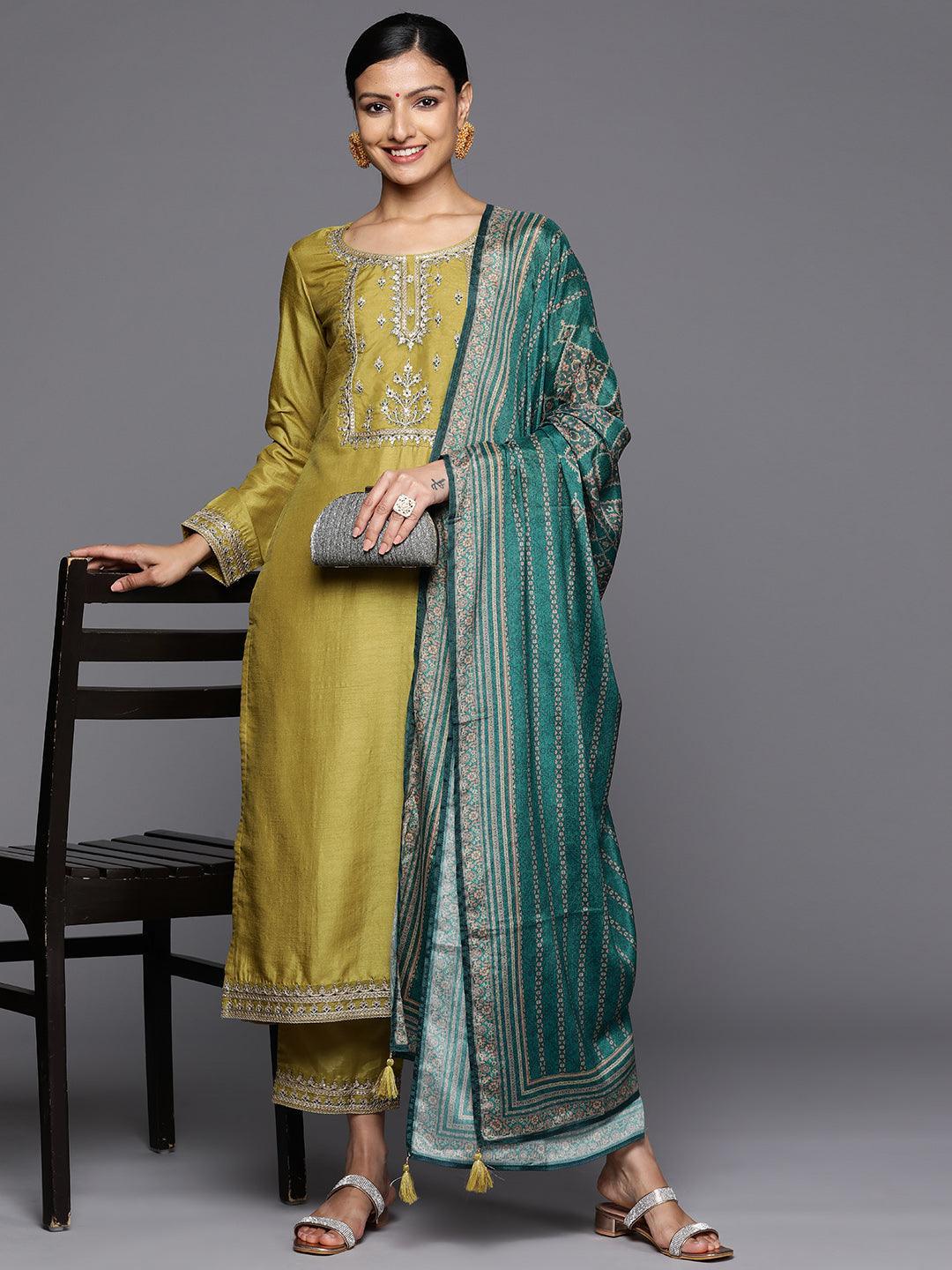 Yellow Printed Silk Blend Straight Kurta With Trousers & Dupatta - Libas 