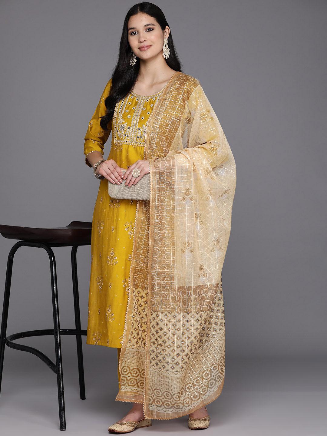 Yellow Printed Silk Blend Straight Kurta With Trousers & Dupatta - Libas 