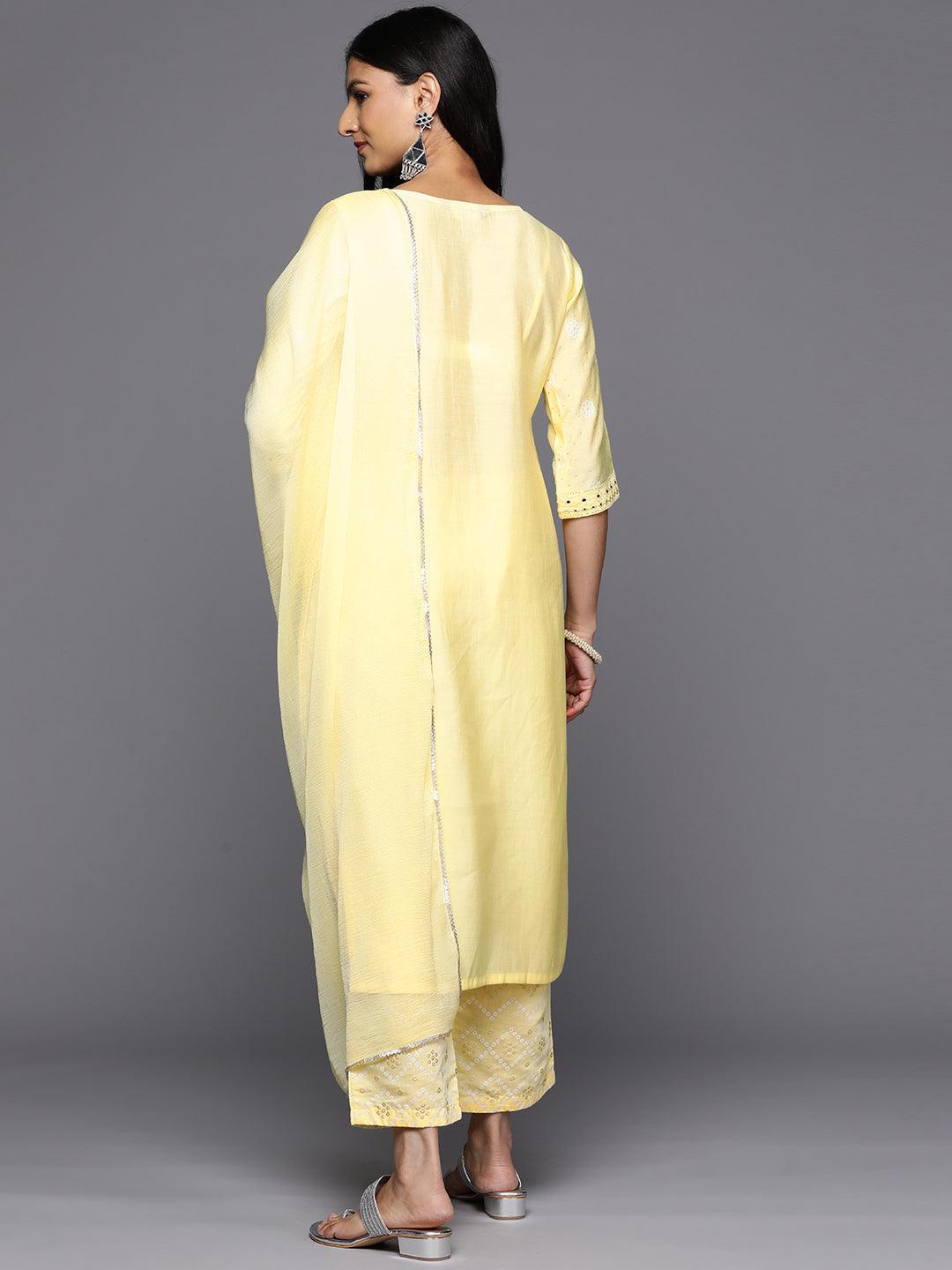 Yellow Printed Silk Blend Straight Kurta With Trousers & Dupatta - Libas 