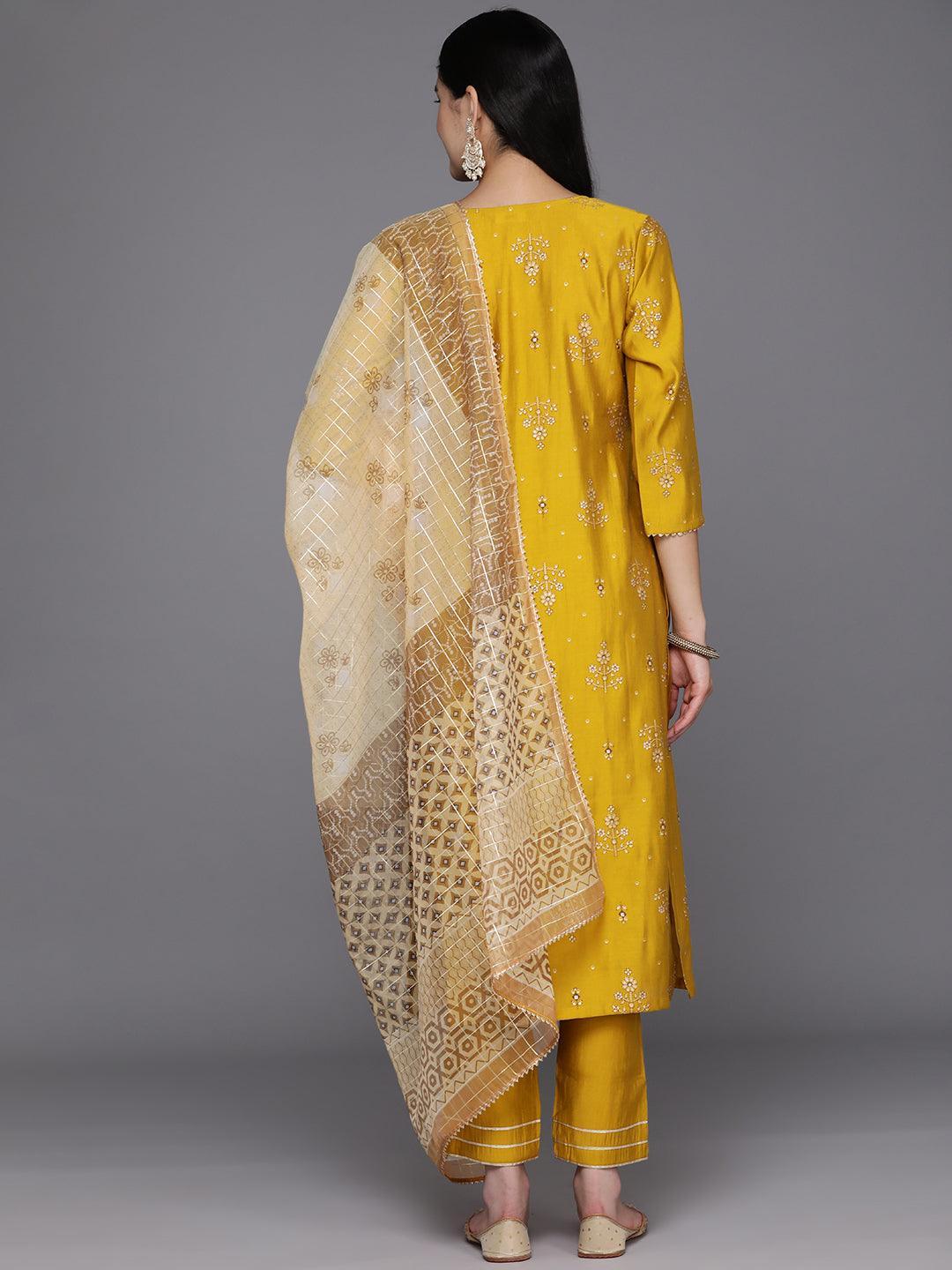 Yellow Printed Silk Blend Straight Kurta With Trousers & Dupatta - Libas 