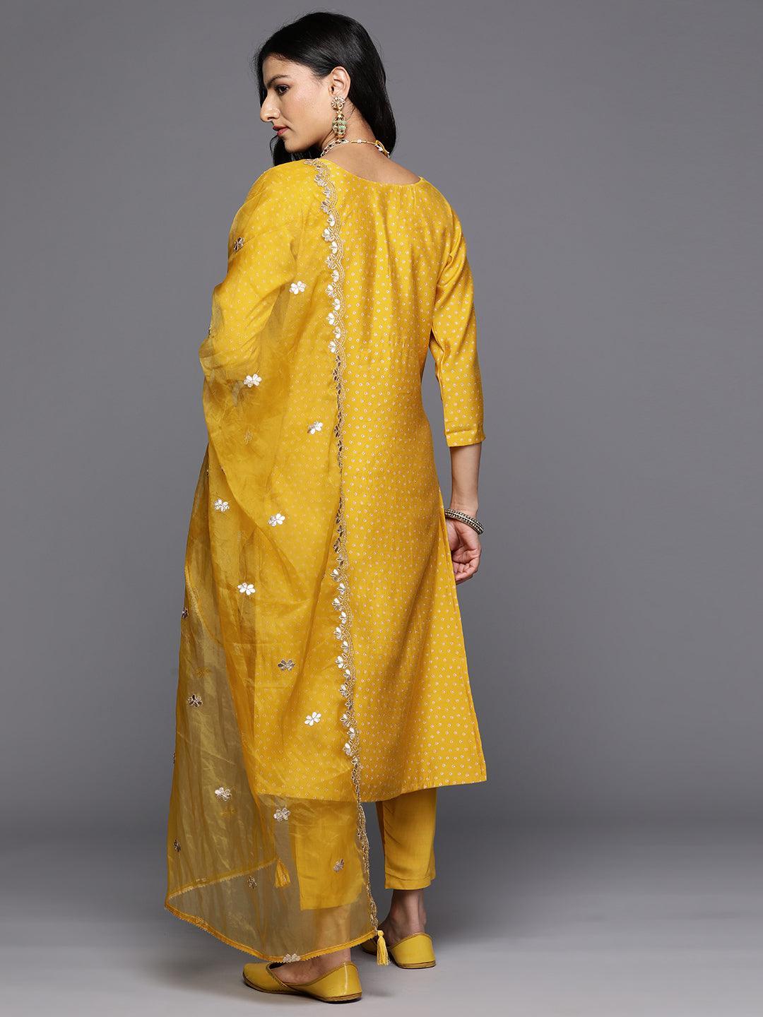 Yellow Printed Silk Blend Straight Kurta With Trousers & Dupatta - Libas 