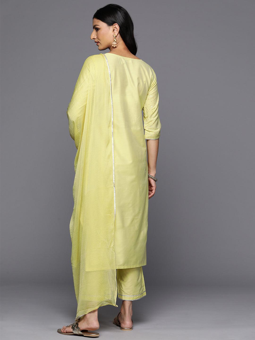 Yellow Printed Silk Blend Straight Kurta With Trousers & Dupatta - Libas 