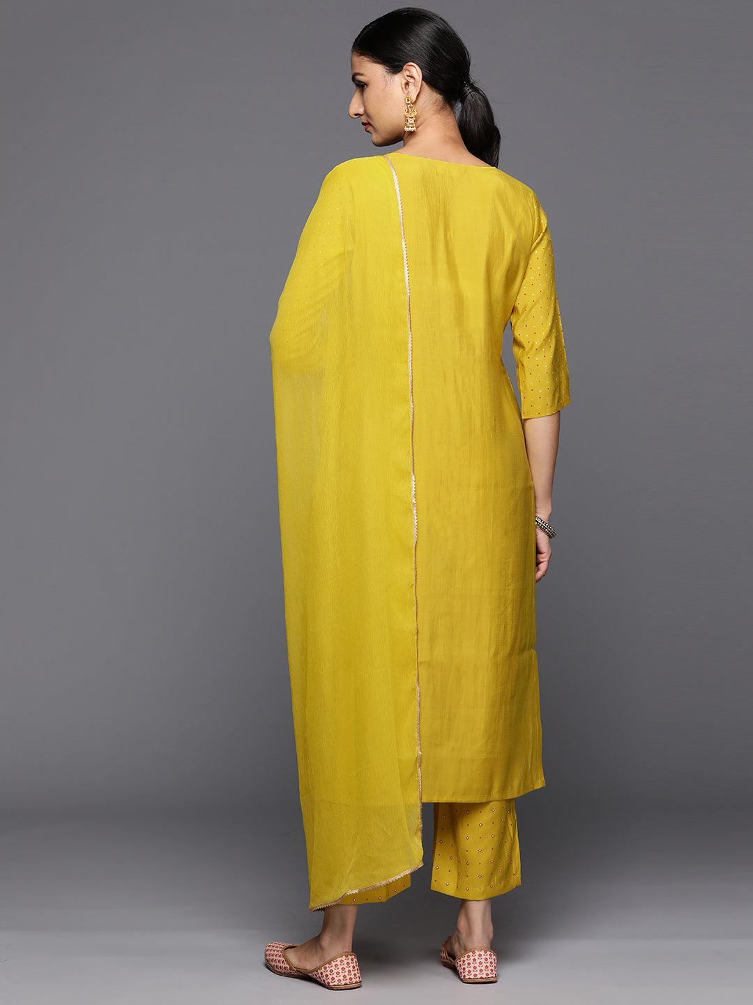Yellow Printed Silk Blend Straight Kurta With Trousers & Dupatta - Libas 