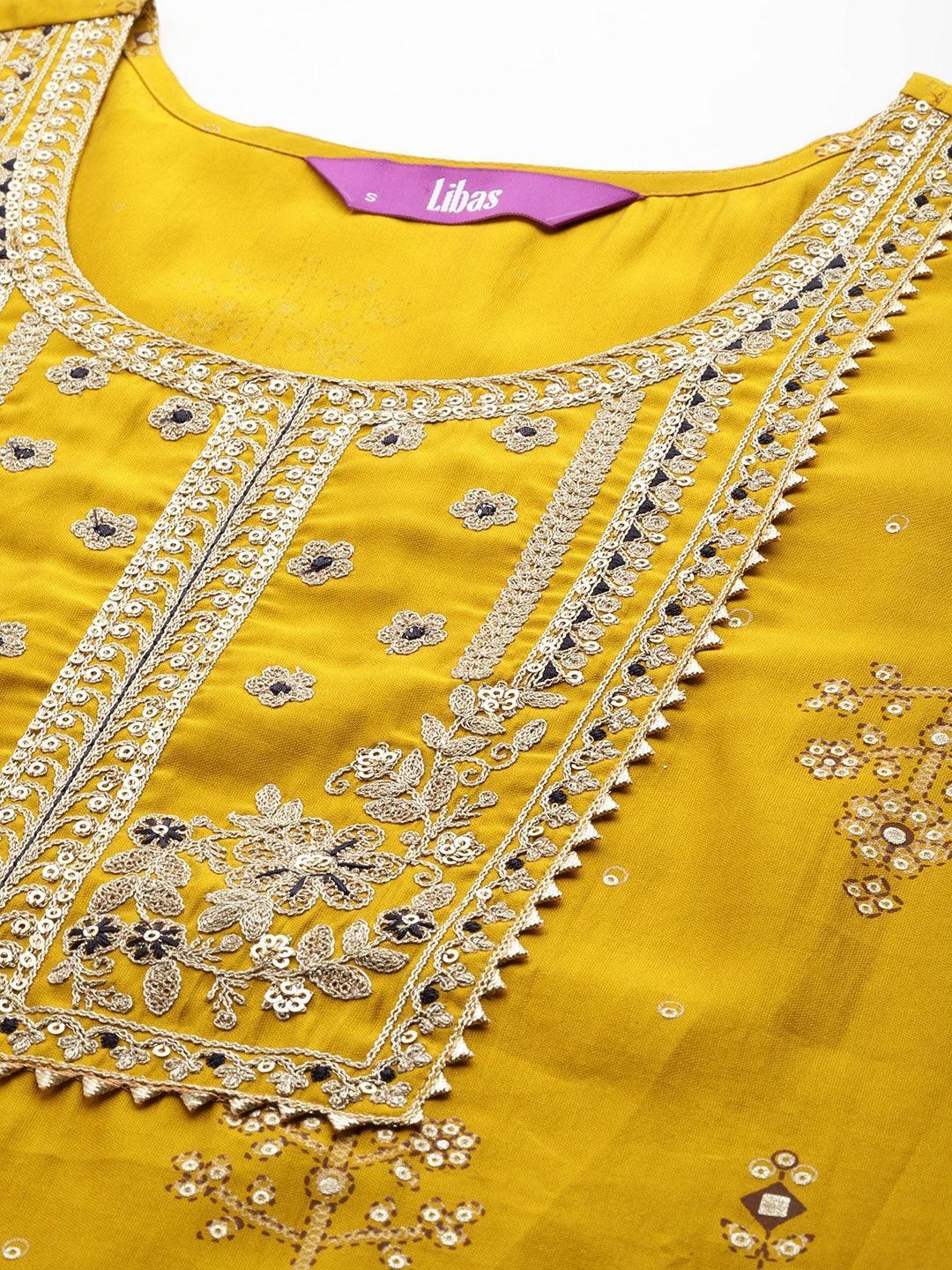 Yellow Printed Silk Blend Straight Kurta With Trousers & Dupatta - Libas 