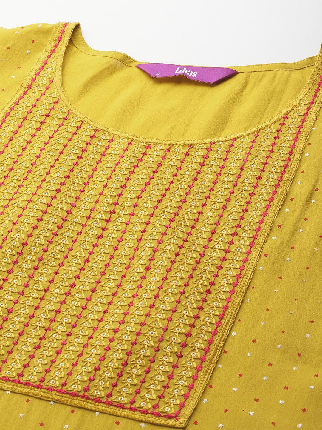 Yellow Printed Silk Blend Straight Kurta With Trousers & Dupatta - Libas 