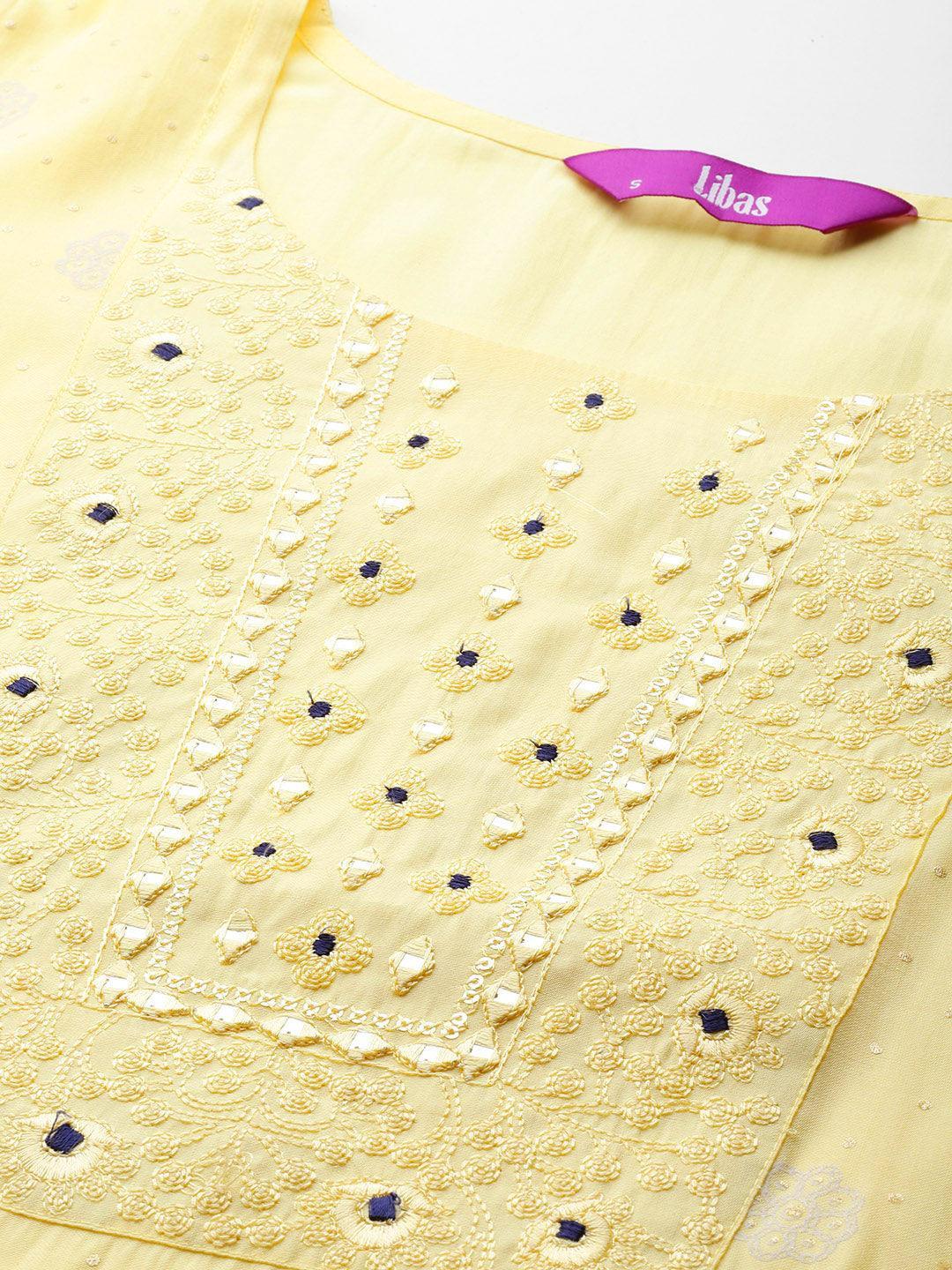 Yellow Printed Silk Blend Straight Kurta With Trousers & Dupatta - Libas 