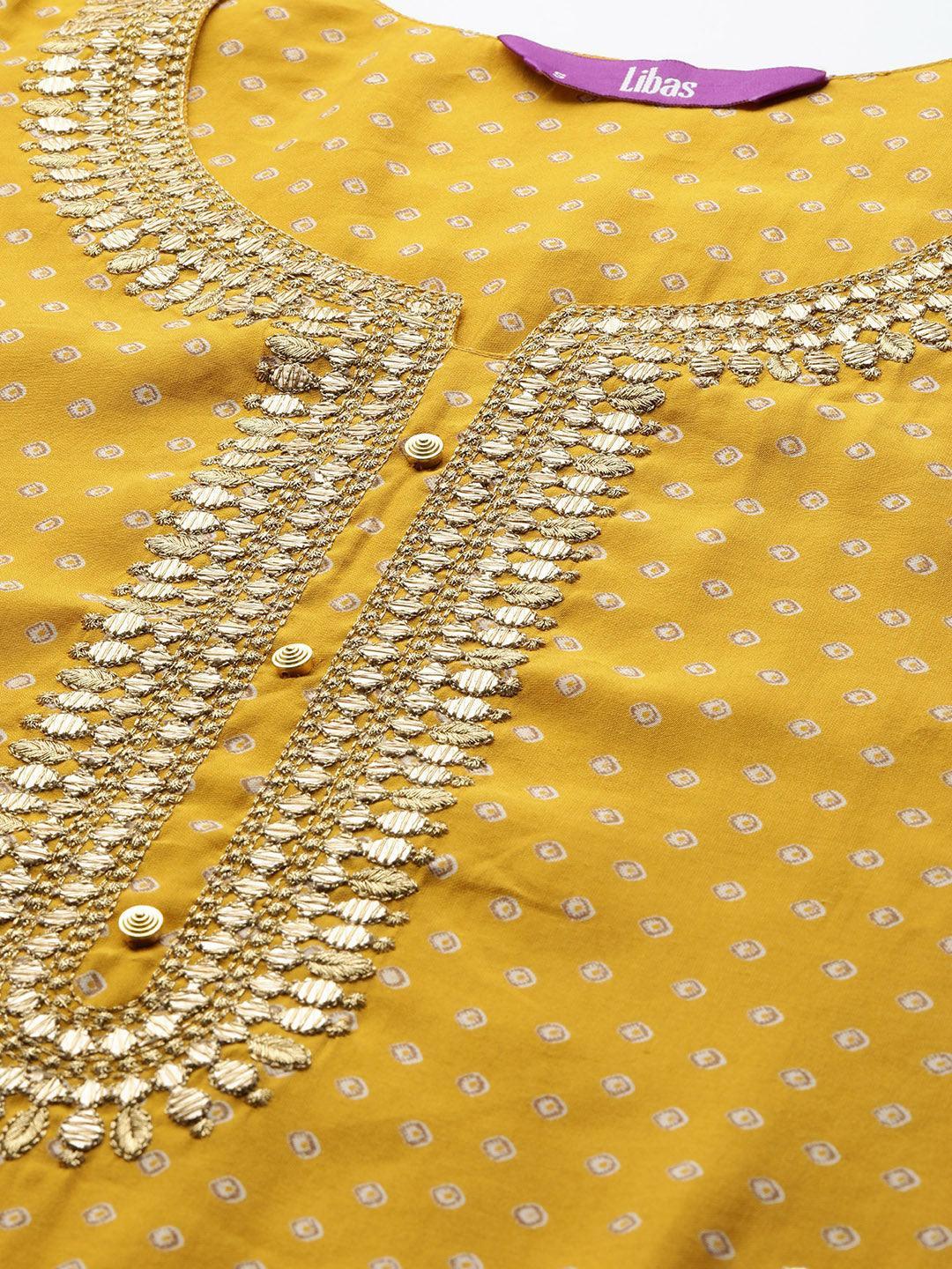 Yellow Printed Silk Blend Straight Kurta With Trousers & Dupatta - Libas 