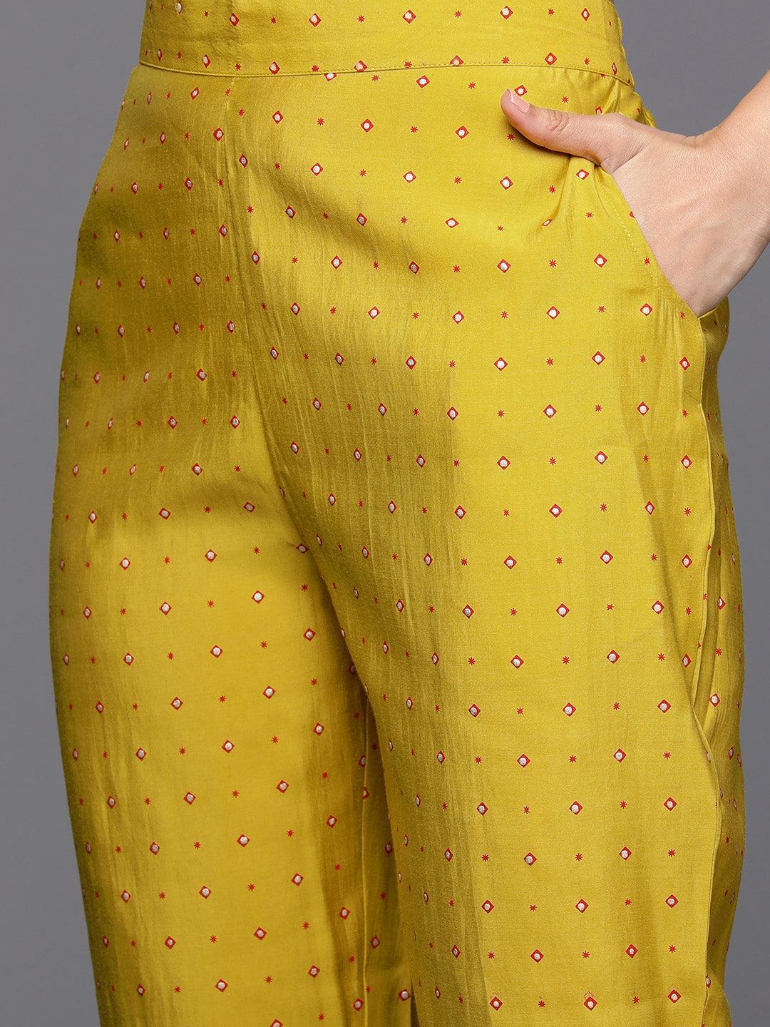 Yellow Printed Silk Blend Straight Kurta With Trousers & Dupatta - Libas 