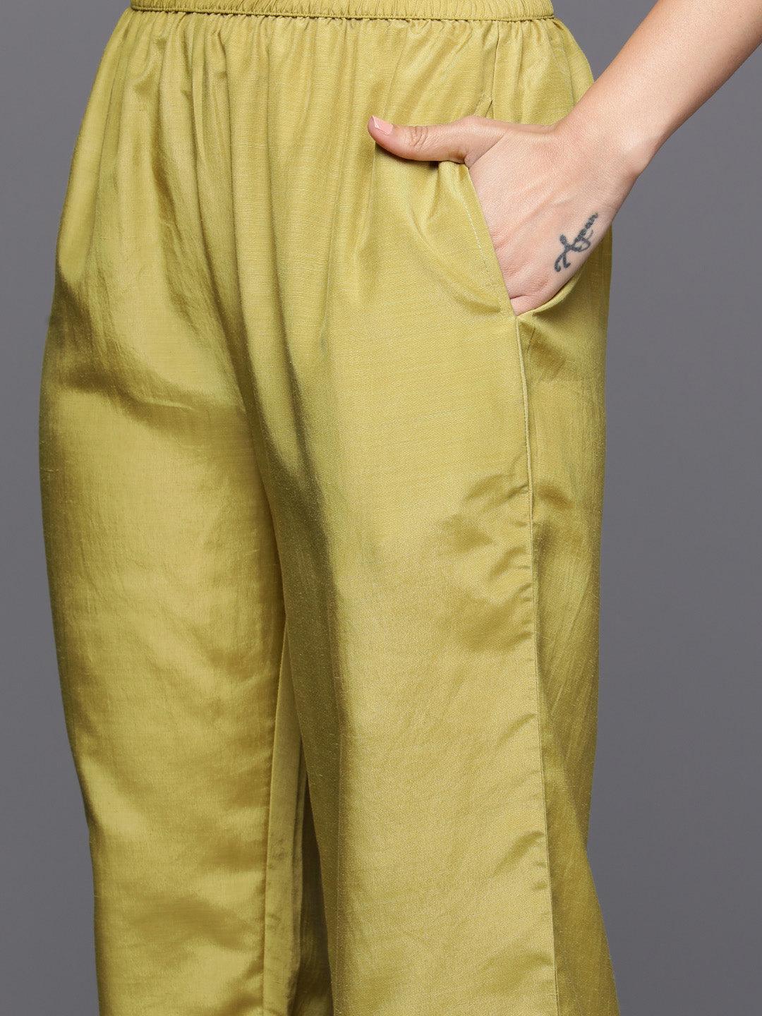 Yellow Printed Silk Blend Straight Kurta With Trousers & Dupatta - Libas 
