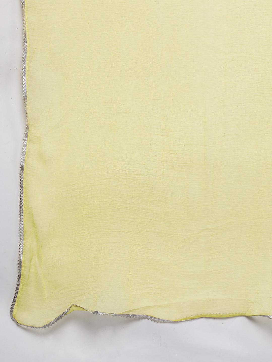 Yellow Printed Silk Blend Straight Kurta With Trousers & Dupatta - Libas 