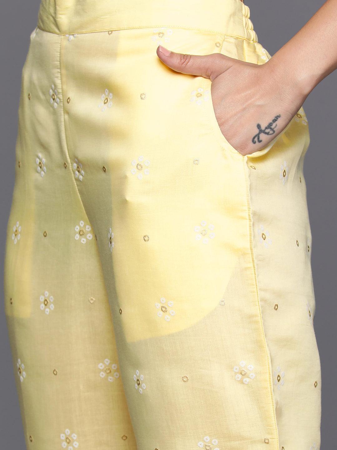 Yellow Printed Silk Blend Straight Kurta With Trousers & Dupatta - Libas 