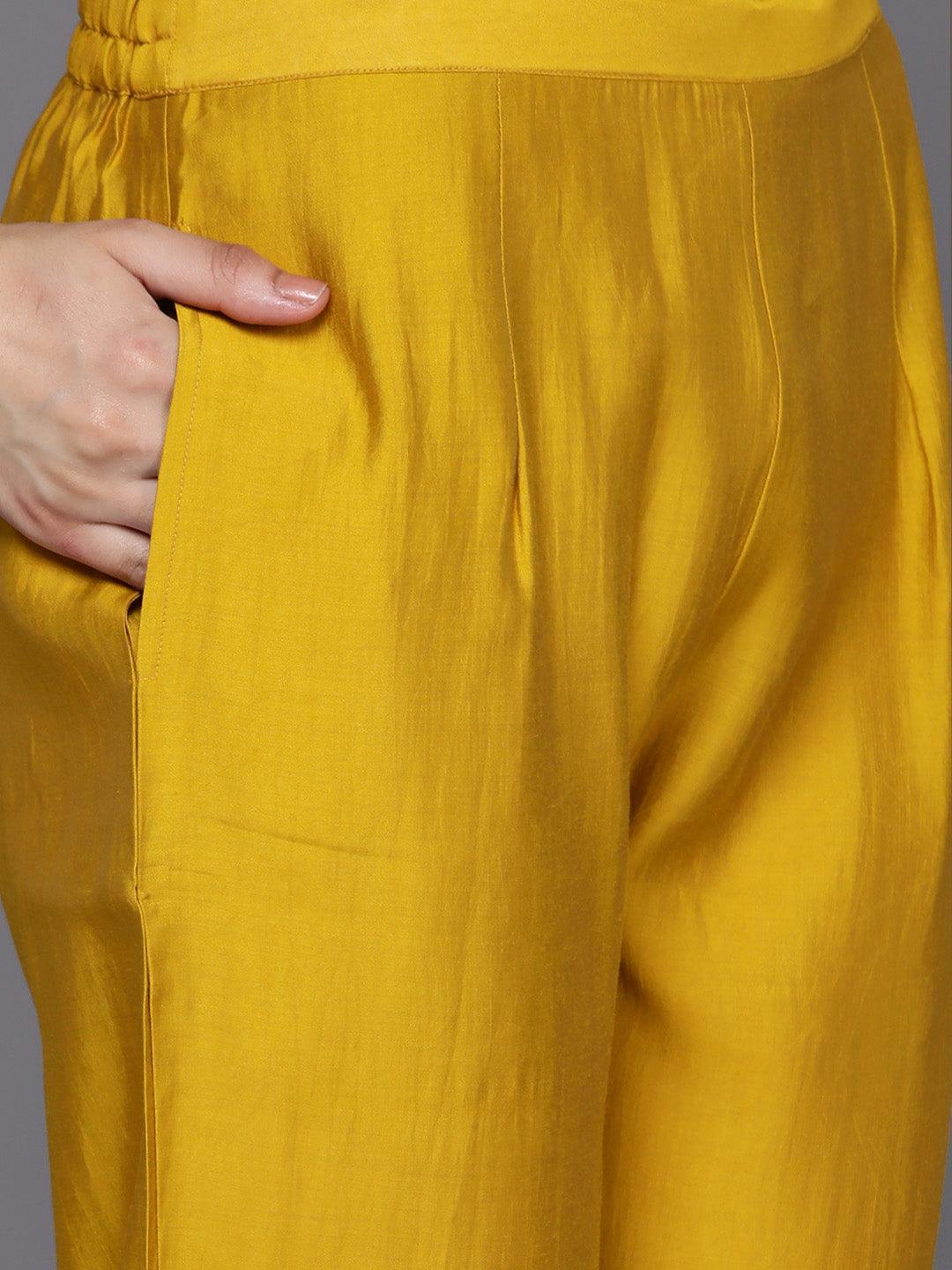 Yellow Printed Silk Blend Straight Kurta With Trousers & Dupatta - Libas 