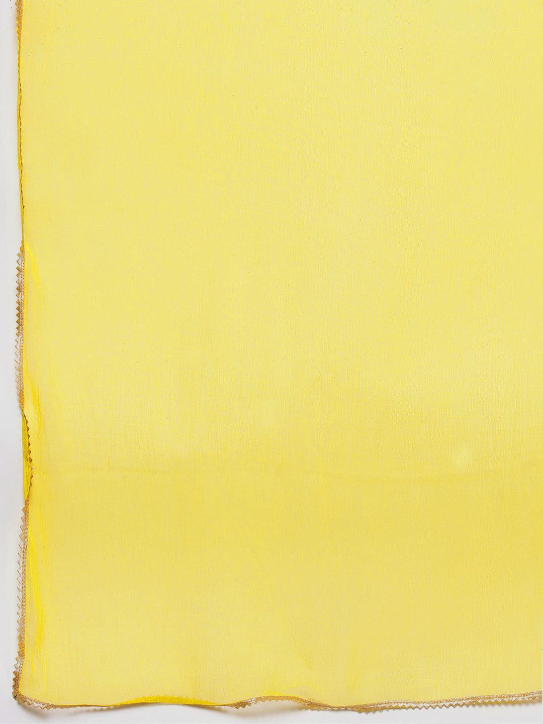 Yellow Printed Silk Blend Straight Kurta With Trousers & Dupatta - Libas 