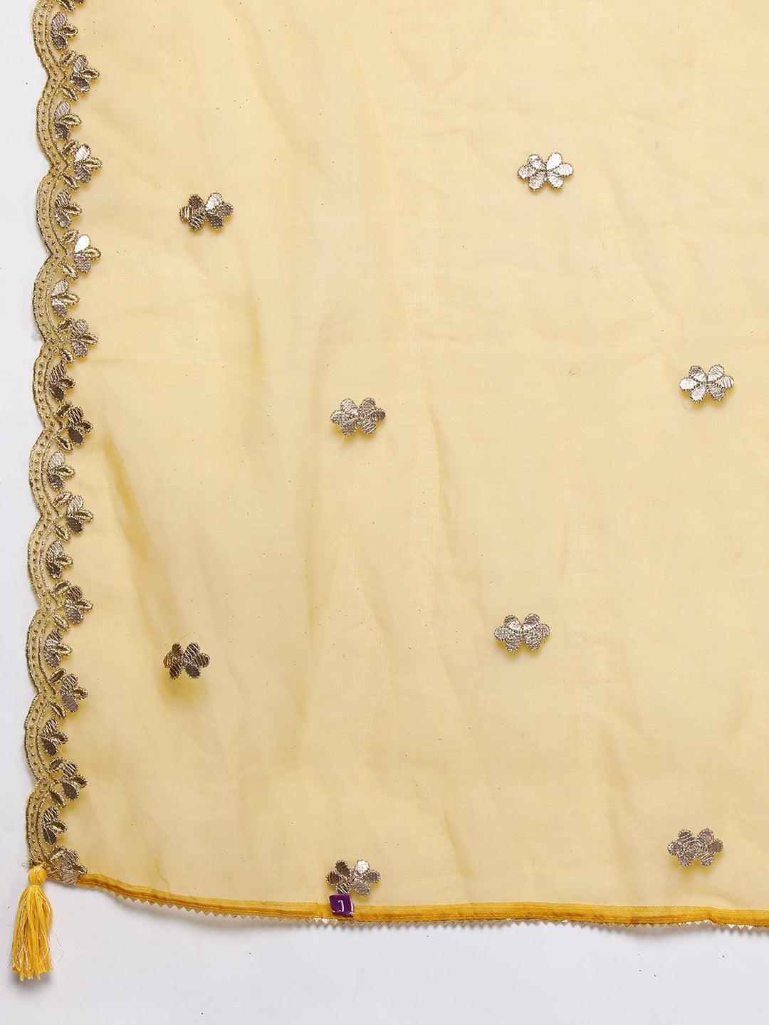 Yellow Printed Silk Blend Straight Kurta With Trousers & Dupatta - Libas 
