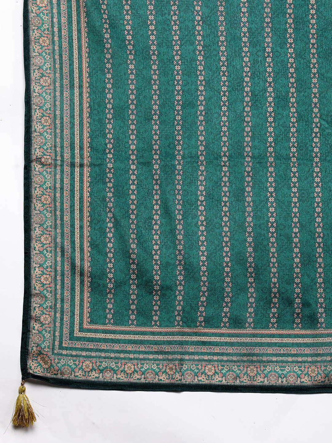 Yellow Printed Silk Blend Straight Kurta With Trousers & Dupatta - Libas 