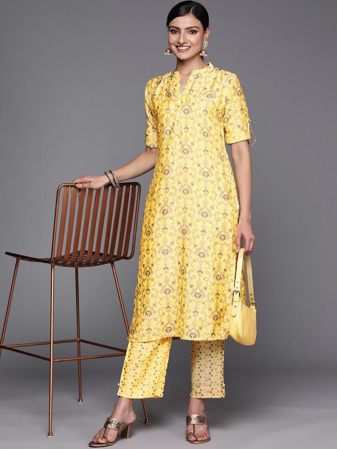 Yellow Printed Silk Blend Straight Kurta Set With Trousers - ShopLibas 