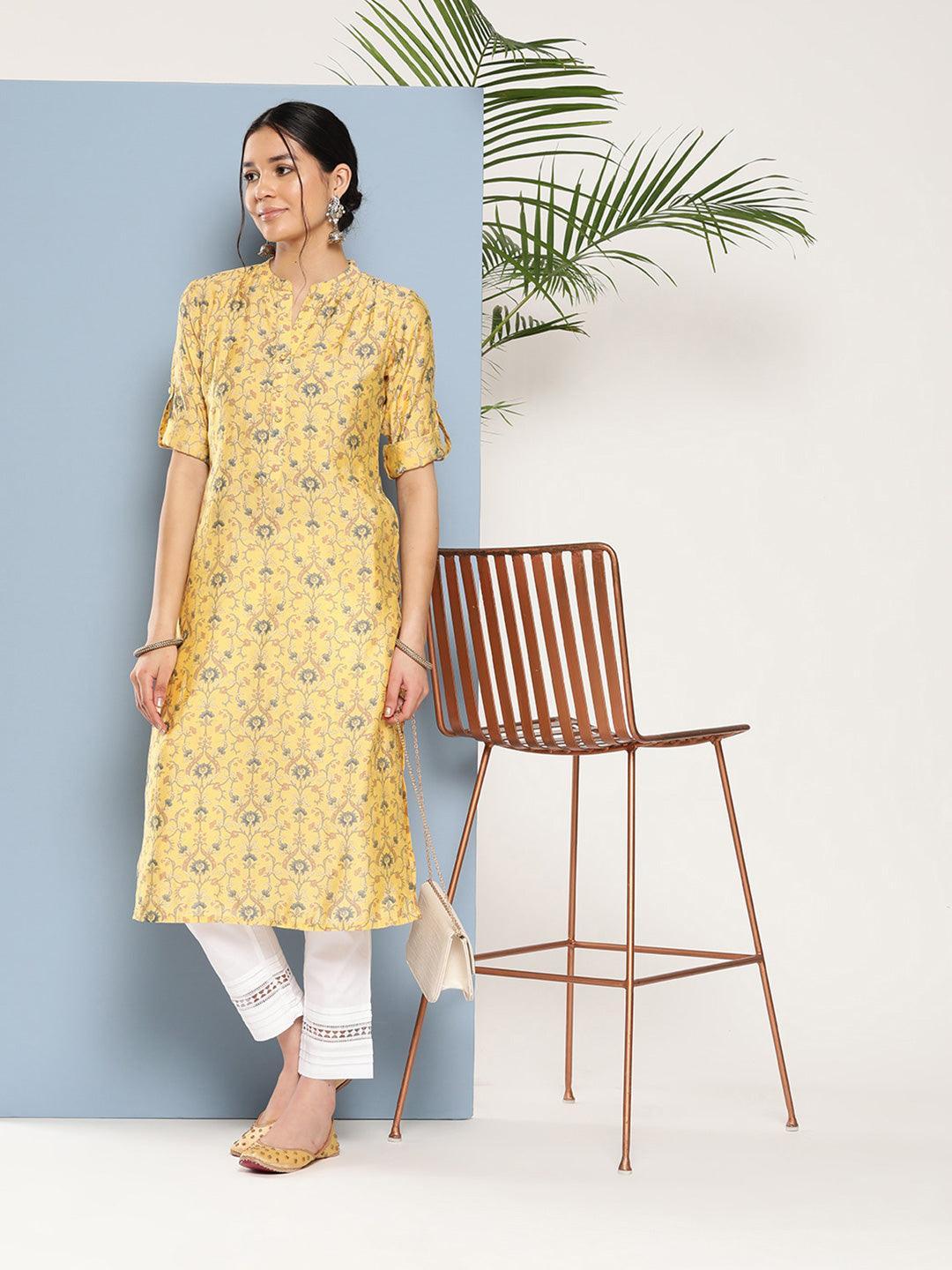 Yellow Printed Silk Straight Kurta - ShopLibas