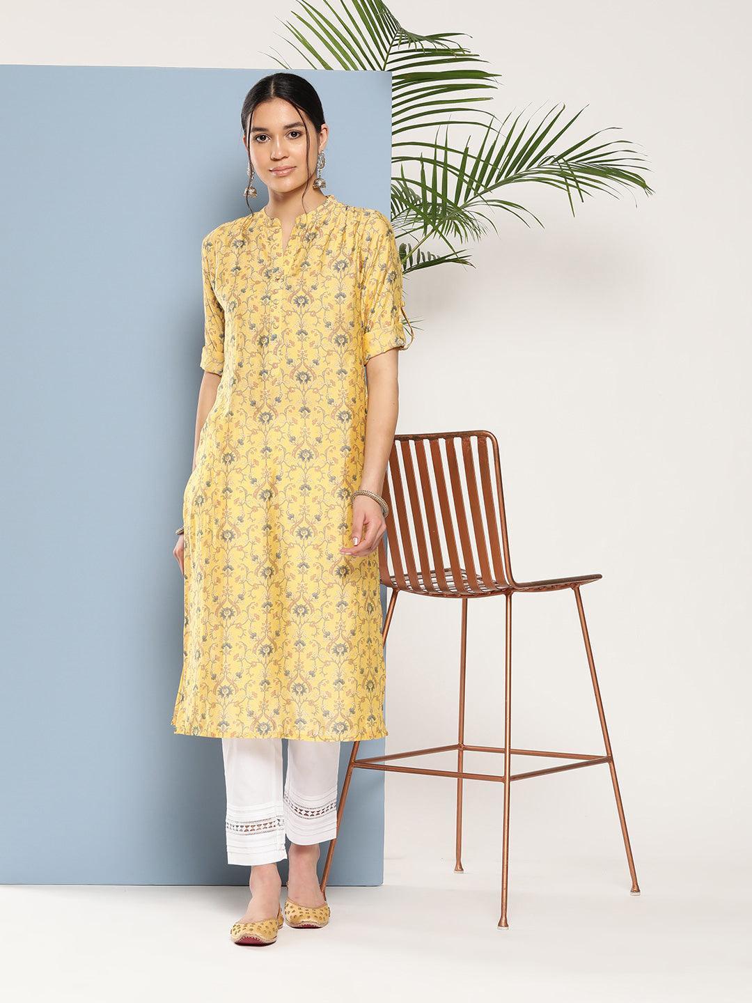 Yellow Printed Silk Straight Kurta - ShopLibas 