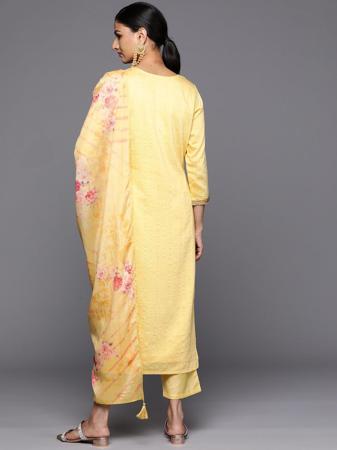 Yellow Self Design Rayon Straight Kurta With Trousers & Dupatta - Libas 
