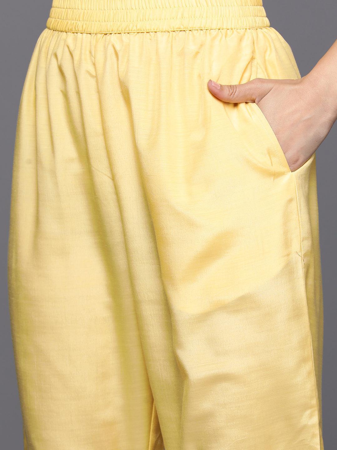 Yellow Self Design Rayon Straight Kurta With Trousers & Dupatta - Libas 