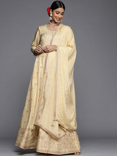 Yellow Self Design Silk Anarkali Suit Set - ShopLibas